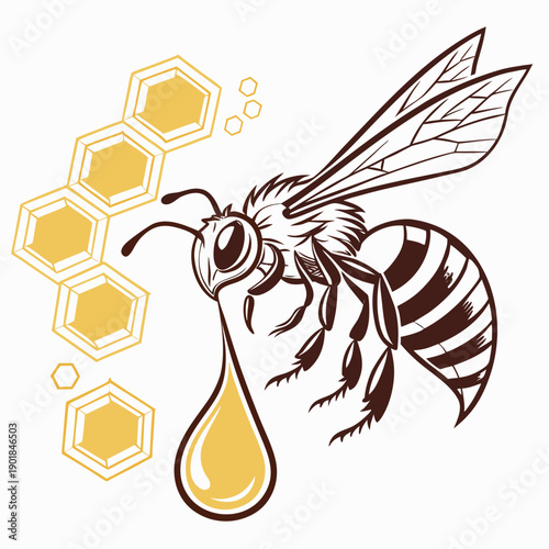 A detailed illustration of a bee collecting nectar from a flower Vector