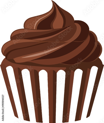 Delicious chocolate cupcake with white striped liner on a plain background