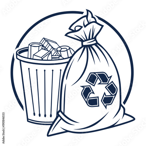A plastic bag filled with recyclable materials next to a recycling bin. Vector