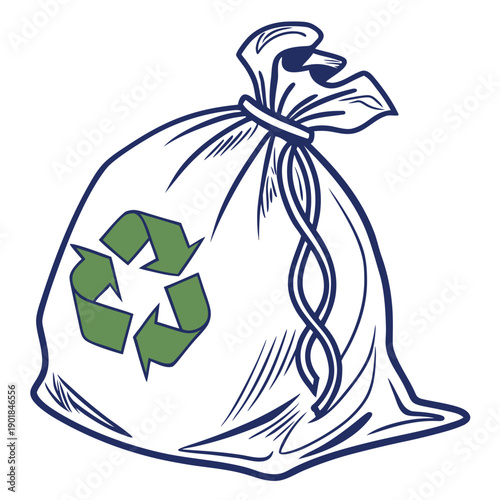A white bag filled with recyclable materials and a recycling symbol. Vector
