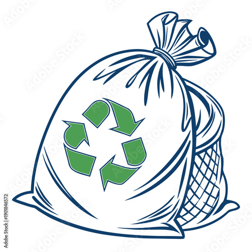 A blue and white illustration of a bag filled with recyclable materials. Vector