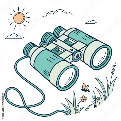 A pair of binoculars on a tripod with a scenic view in the background Vector