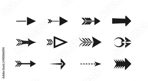 Collection of modern black arrow icons on white background