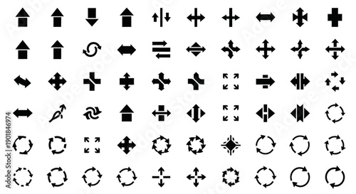 Collection of various black arrow icons on white background