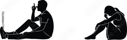 Sad woman sitting on floor and thinking man silhouette, depression loneliness and mental health concept, emotional despair and pensive isolation