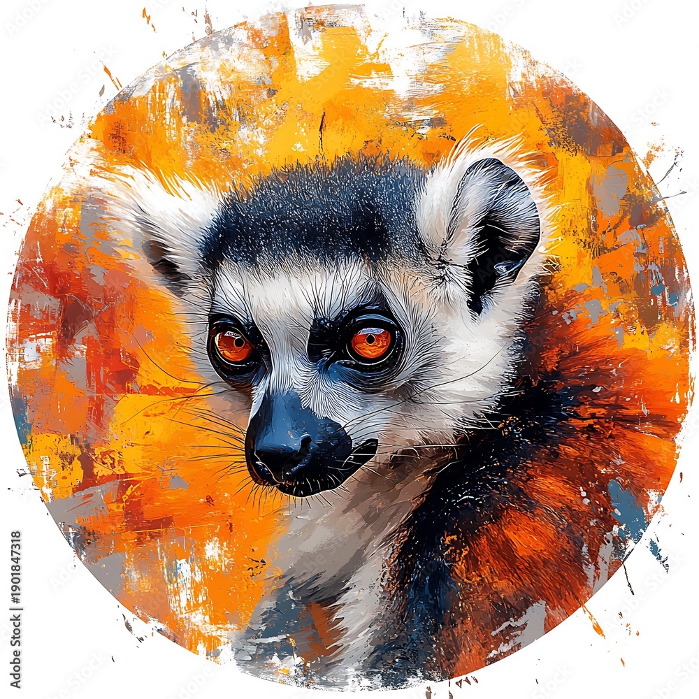 Fototapeta premium Ring Tailed Lemur Portrait Vibrant Orange Abstract photo Background primate animal