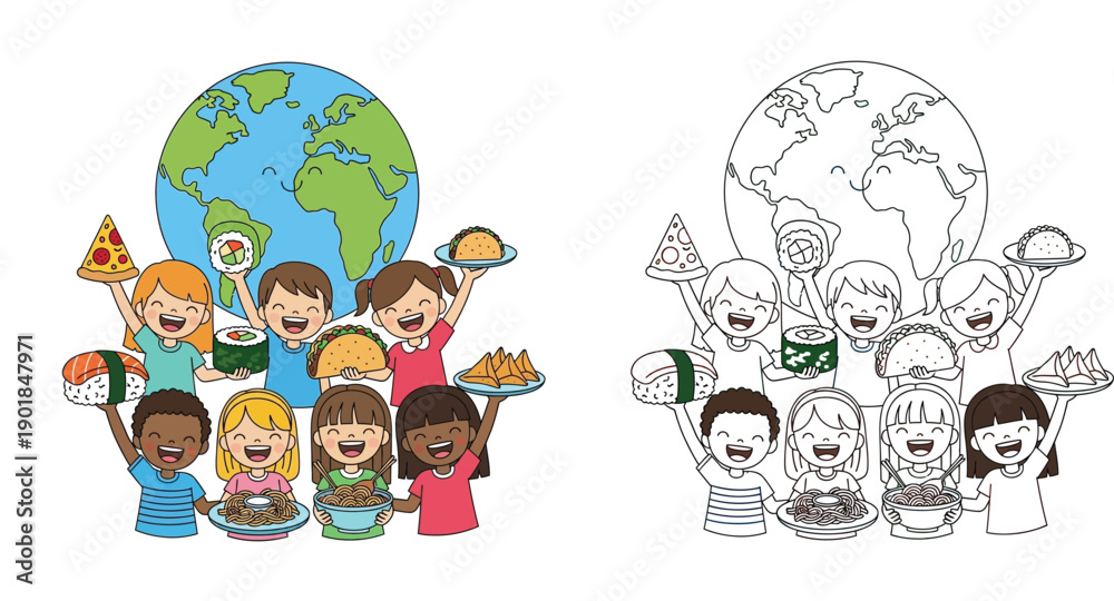 Naklejka premium Happy diverse children holding international food around cartoon earth globe, vector illustration isolated on white, coloring page outline included for education.
