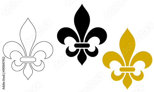 Fleur de lis symbol set in outline black and gold showing classic heraldic emblem for royal french decoration luxury design and traditional ornamental projects