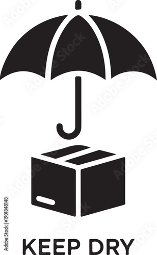 A black and white illustration of an umbrella protecting a box with the text 'keep dry' underneath