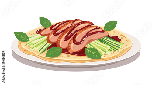 Traditional peking duck dish served with sliced cucumber and sauce on a pancake wrap presented on a white plate for food promotions.