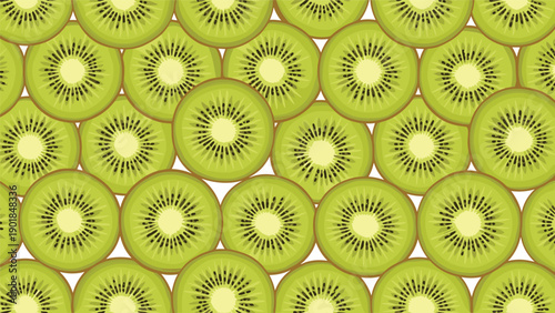 Vibrant seamless pattern of fresh green kiwi fruit slices packed together creates a refreshing and healthy background for food design.