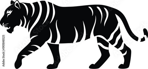Powerful black tiger silhouette with distinctive stylized stripes majestically walking on a pure white surface