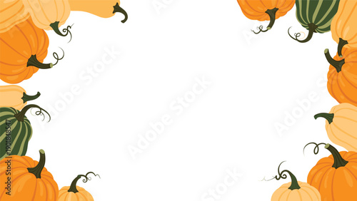 Decorative frame composed of various orange and green pumpkins and autumn squashes surrounding a white center.