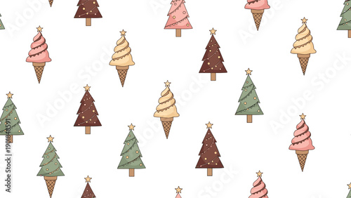 Creative seamless pattern of Christmas tree shaped soft serve ice cream cones decorated with small gold stars.