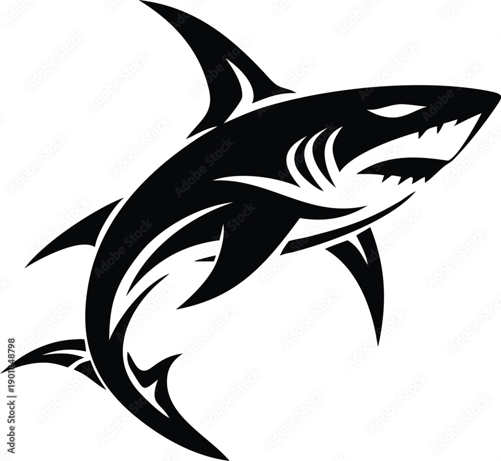 Obraz premium Powerful black tribal shark design with fierce eyes and sharp teeth on a clean white background