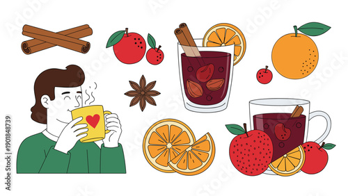 Comprehensive assortment of winter drink elements including mulled wine, oranges, apples, cinnamon, and a person with a mug.
