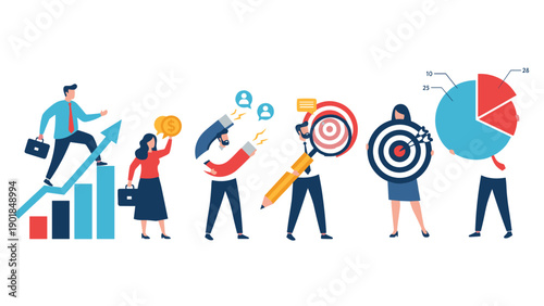 Team of professional business people using various tools to achieve ambitious growth targets and financial success.