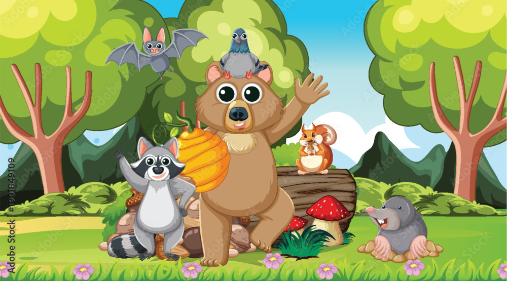 Fototapeta premium Cartoon Forest Animals Gathering in Sunny Woodland Scene