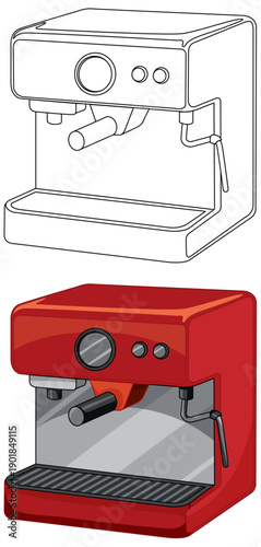 Red Espresso Machine Vector Illustration with Black and White Outline Version