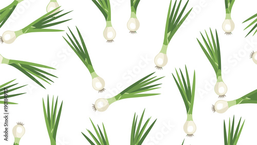 Seamless pattern of fresh green onions with white bulbs and long green leaves repeating over a clean white background for kitchen decor.