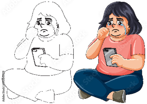 Sad Overweight Girl Crying While Looking at Her Smartphone Screen