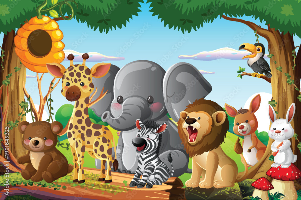 Obraz premium Cartoon Jungle Animals Gathering in Forest Clearing