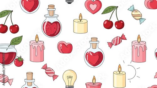 Romantic seamless pattern featuring red hearts, burning candles, cherries, sweet candies, and love potions for valentine-s day celebration.