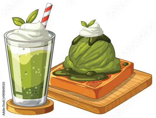 Matcha Green Tea Smoothie and Waffle with Green Tea Ice Cream