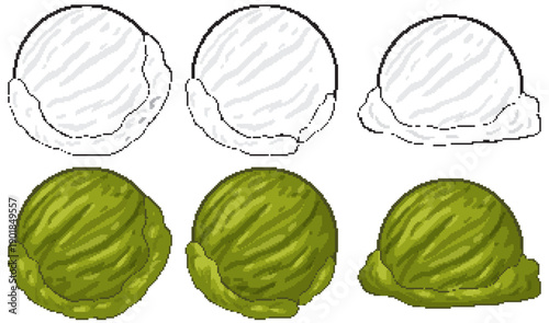 Vector Illustration of Vanilla and Matcha Green Tea Ice Cream Scoops