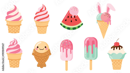 Assortment of various delicious ice cream treats including cones, popsicles, a watermelon slice scoop, and a bunny-eared sundae.