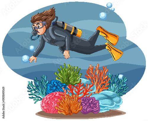 Scuba Diver Swimming Underwater Over Colorful Coral Reef Vector Illustration