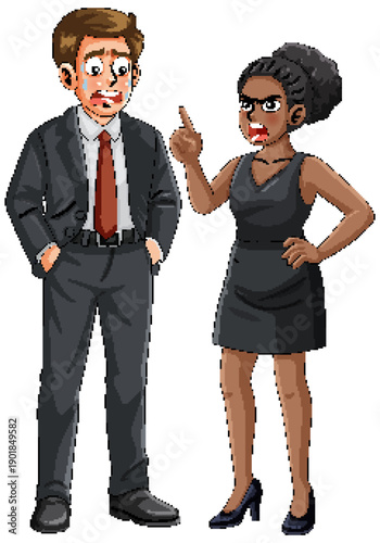 Businesswoman Scolding Nervous Male Colleague in Office Attire