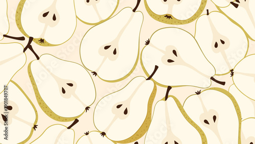 Fresh seamless pattern showing the inside of sliced pears with their seeds repeating over a light background for food packaging.