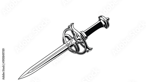 Detailed black and white line art illustration of a medieval rapier sword with an ornate hilt guard and sharp blade.