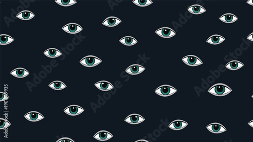 Minimalist seamless pattern featuring many stylized human eyes watching from a dark navy background creates a mysterious atmosphere.