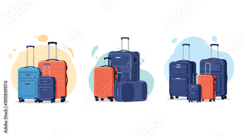 Organized sets of travel luggage in various sizes and colors like orange, blue, and navy for vacation planning and trip preparation.