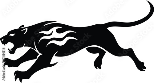 Striking black panther with subtle tribal flame details leaps fiercely across a white backdrop