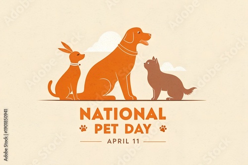 Minimalist vector illustration celebrating national pet day on april eleventh featuring stylized silhouettes of a dog a cat and a rabbit side by side.