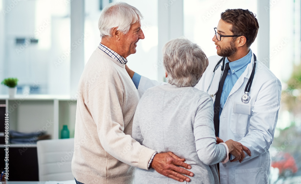 Fototapeta premium Hospital, consulting and doctor with senior couple for support, compassion and news for diagnosis. Healthcare, office and elderly man and woman for talking, medical results and feedback in clinic