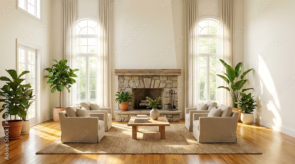 Fototapeta premium Bright and spacious living room interior with stone fireplace and large windows