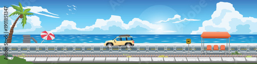 Horizontal or Landscape of flat vector panoramic illustration of a yellow SUV driving along a scenic coastal asphalt road. With a beach palm tree and train stop under a bright blue sky.