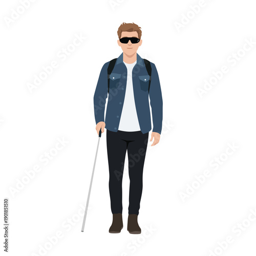 Blind Man Walking with White Cane. Flat vector illustration isolated on white background