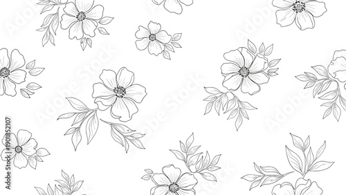 Intricate floral line art seamless pattern with detailed black and white botanical drawings of flowers and leaves on a clean white background.