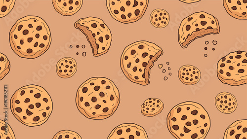 Tasty chocolate chip cookie seamless pattern with whole and half eaten cookies on a warm brown background for bakery branding and menus.
