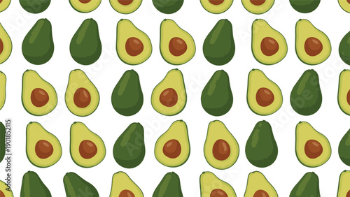 Healthy avocado fruit seamless pattern featuring whole avocados and sliced halves with pits arranged in a grid on a clean white background.