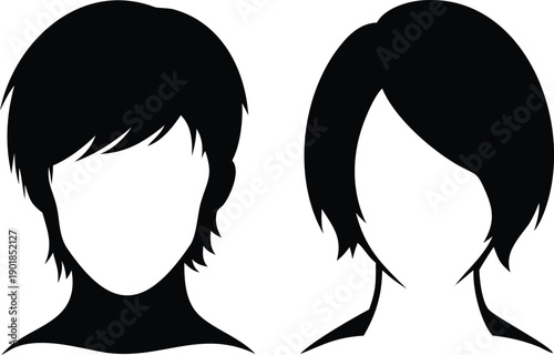 Two black silhouette female hairstyles, featuring a bob cut with bangs and another sleek side swept style