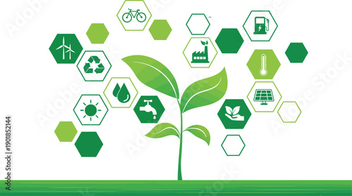 Green eco-friendly icons surrounding a plant seedling, promoting sustainability, renewable energy, and environmental awareness