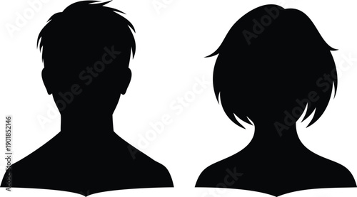 Two simple black silhouettes representing male and female user avatars on a plain white background