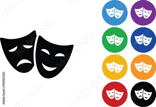 Collection of theatre mask icons in various colors, representing diverse emotions and performance arts