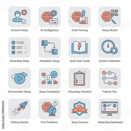 Vector icons system setup, user onboarding, AI configuration, and workflow processes. Visualizing key concepts in technology and business